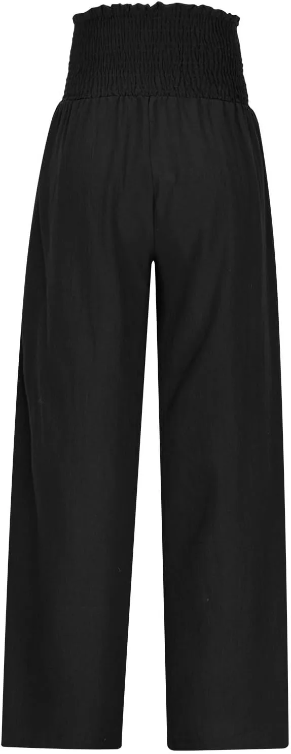Women's Wide Leg Pants Casual Solid Elastic High Waist Pleated Linen Pants Trendy Spring Trousers with Pockets