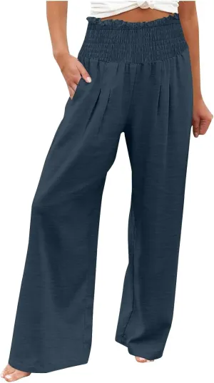 Women's Wide Leg Pants Casual Solid Elastic High Waist Pleated Linen Pants Trendy Spring Trousers with Pockets