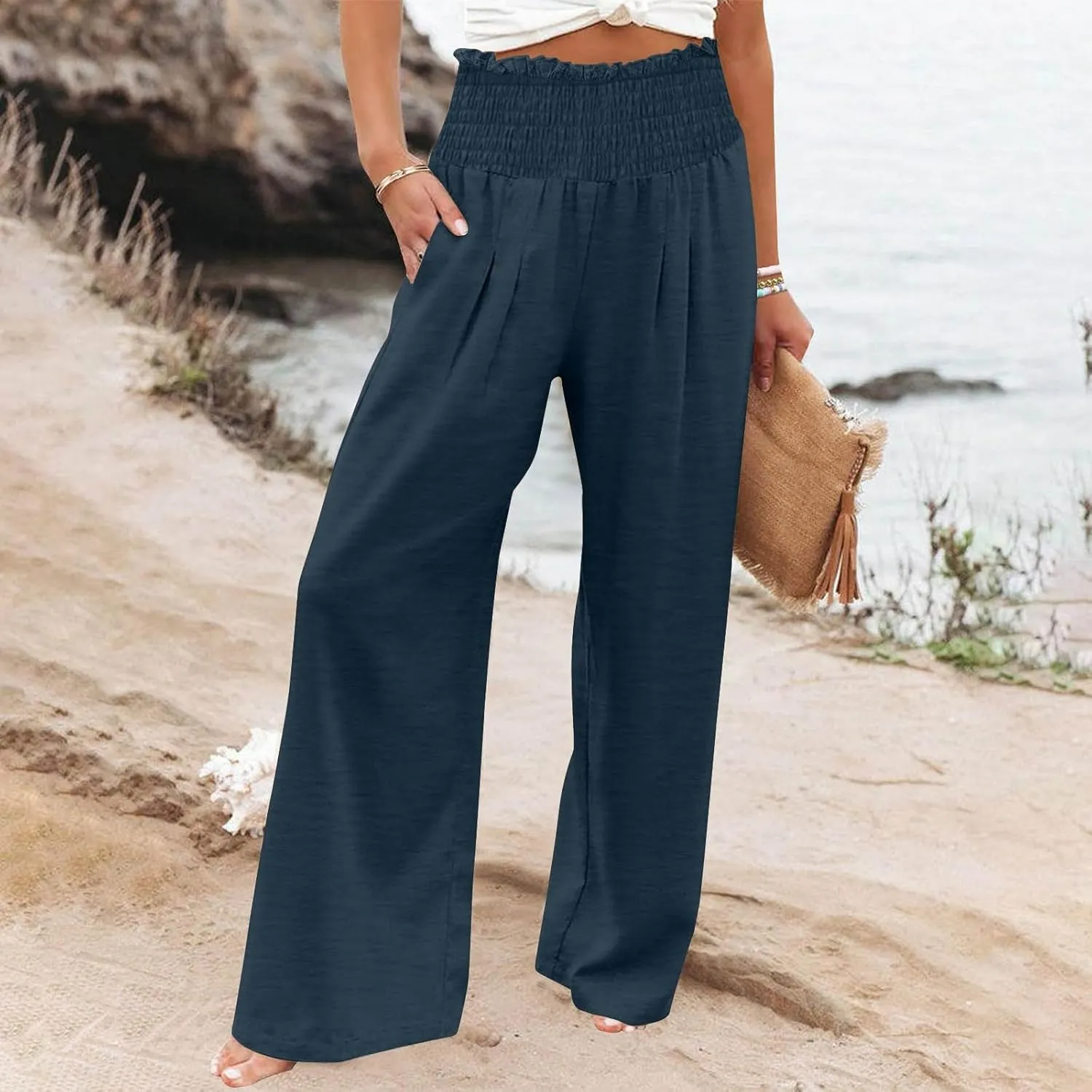 Women's Wide Leg Pants Casual Solid Elastic High Waist Pleated Linen Pants Trendy Spring Trousers with Pockets