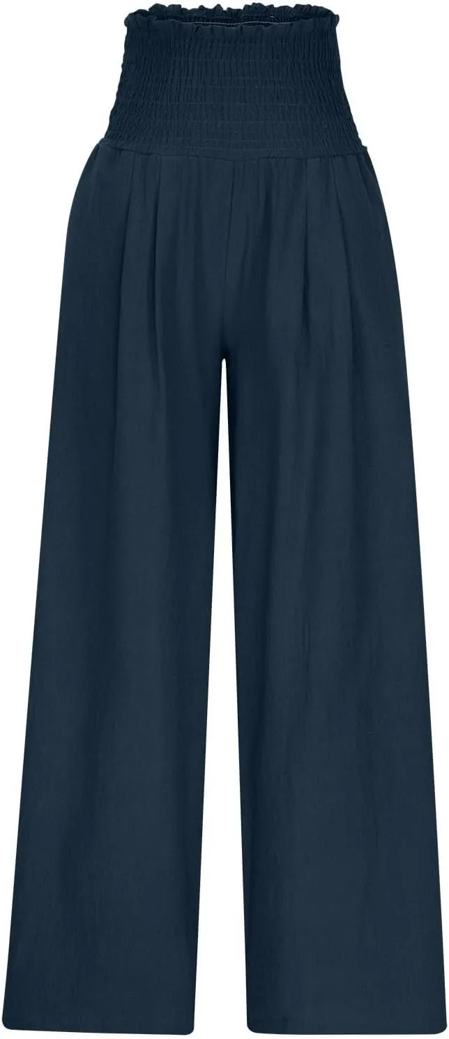 Women's Wide Leg Pants Casual Solid Elastic High Waist Pleated Linen Pants Trendy Spring Trousers with Pockets