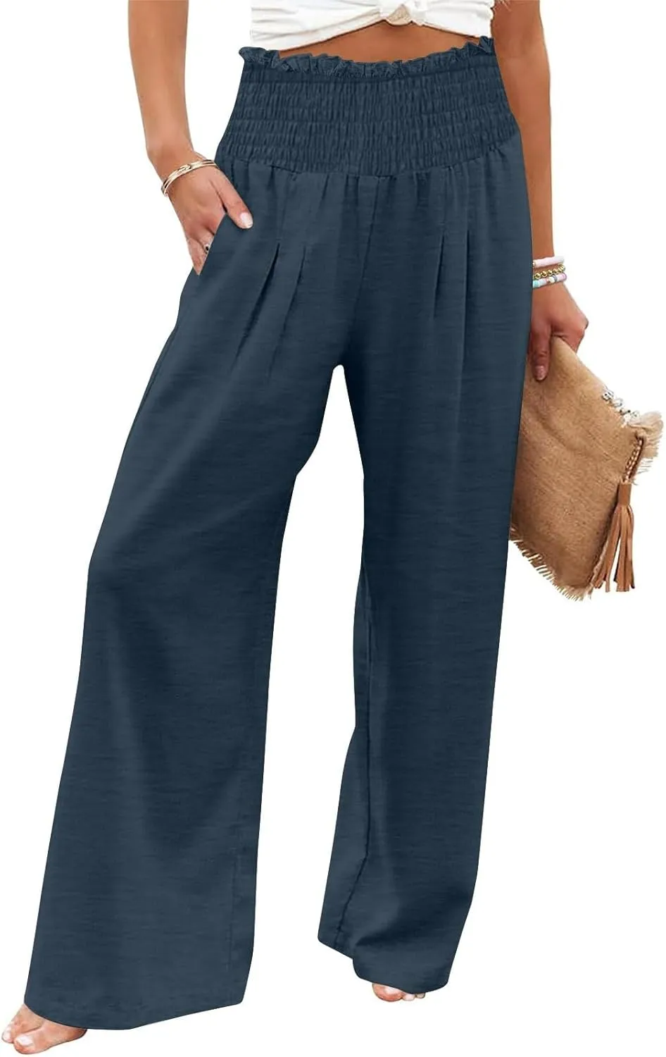 Women's Wide Leg Pants Casual Solid Elastic High Waist Pleated Linen Pants Trendy Spring Trousers with Pockets