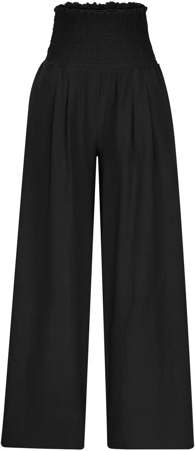 Women's Wide Leg Pants Casual Solid Elastic High Waist Pleated Linen Pants Trendy Spring Trousers with Pockets