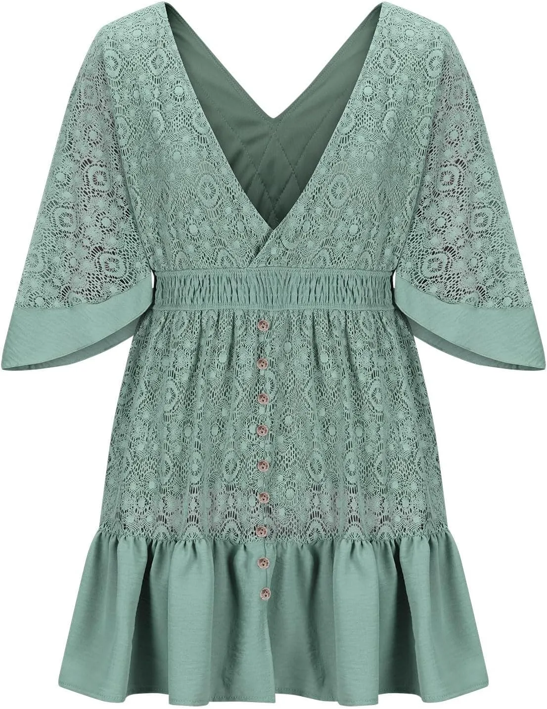 Women's Wrap V Neck Short Sleeve Lace Mini Dress 2025 Summer A Line Swing Ruffle Hem Casual Button Boho Beach Dresses