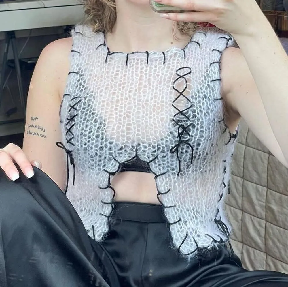 Women's Y2K Crochet Knitted Vest Sleeveless Cropped Top Hollow Transparent Camisole Cute Sweater Vest