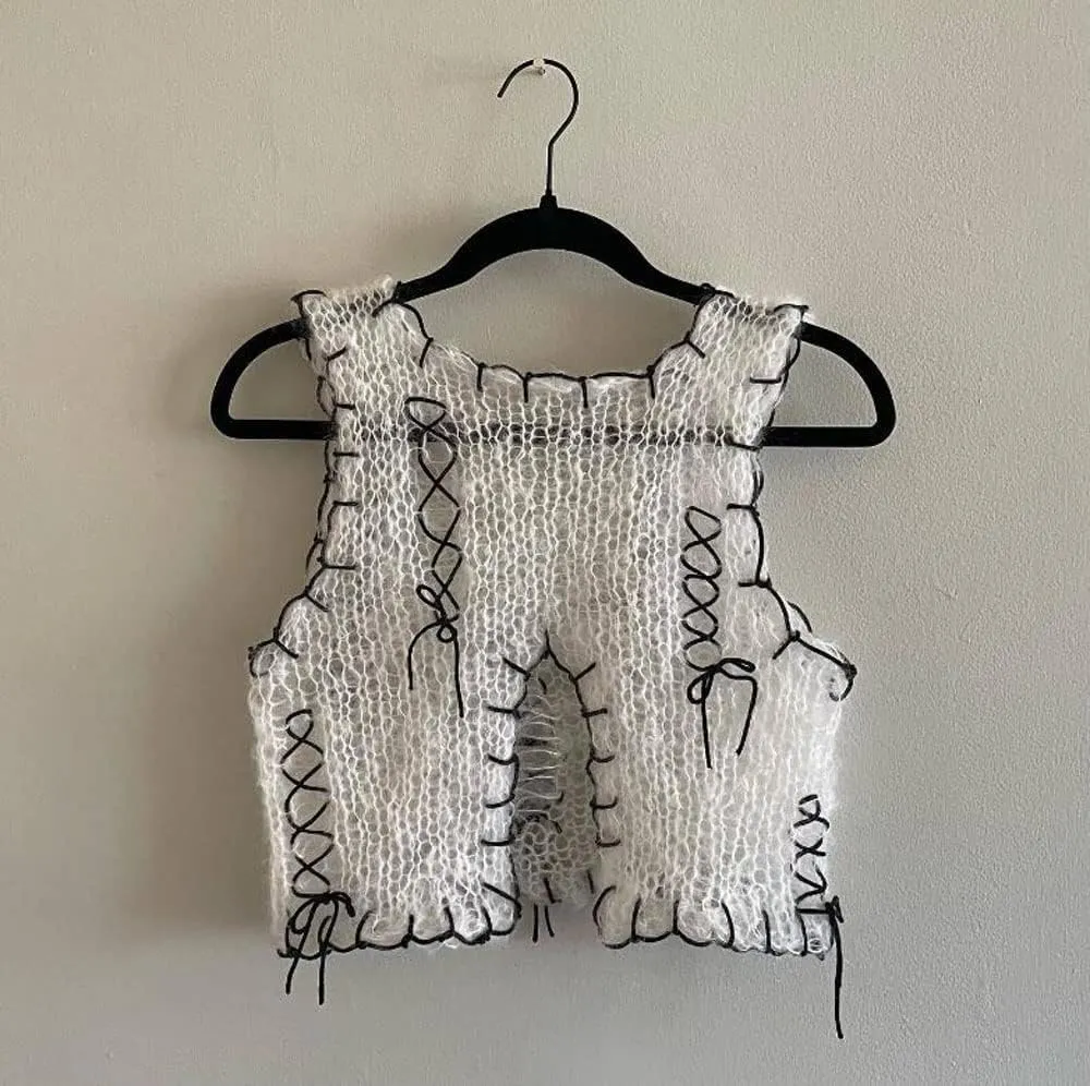 Women's Y2K Crochet Knitted Vest Sleeveless Cropped Top Hollow Transparent Camisole Cute Sweater Vest