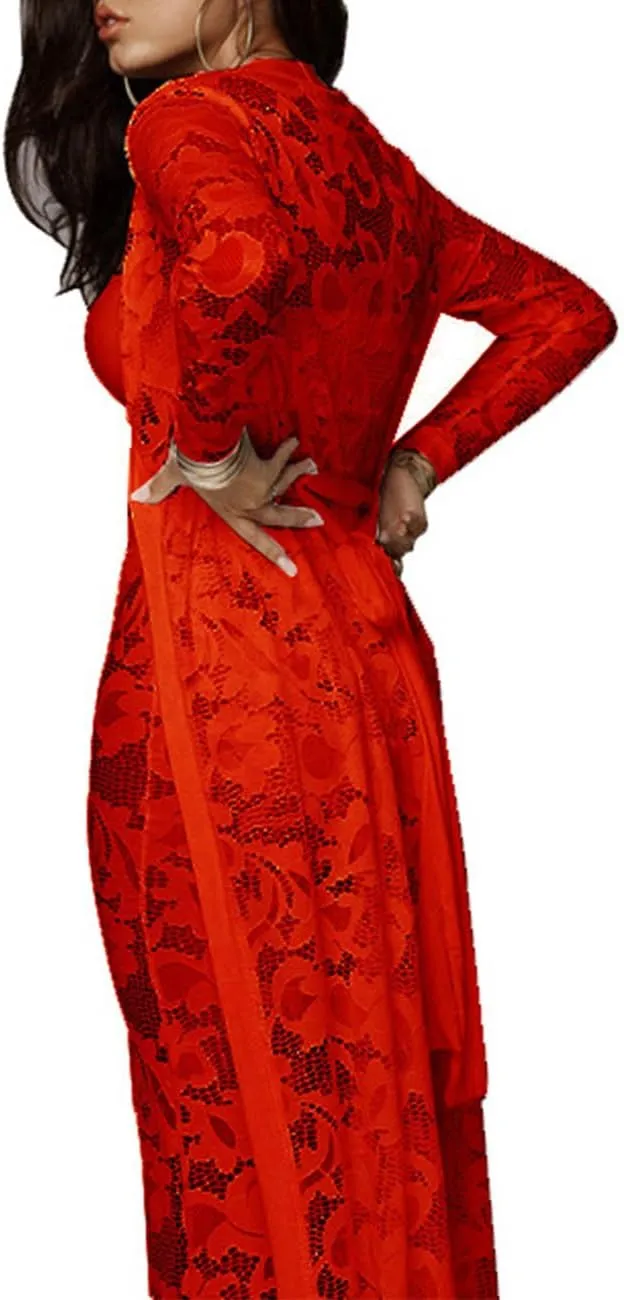 xxxiticat Women's Sexy Lace Transparent See Through Wide Leg Pants Tube Top Long Coat Sets Suits