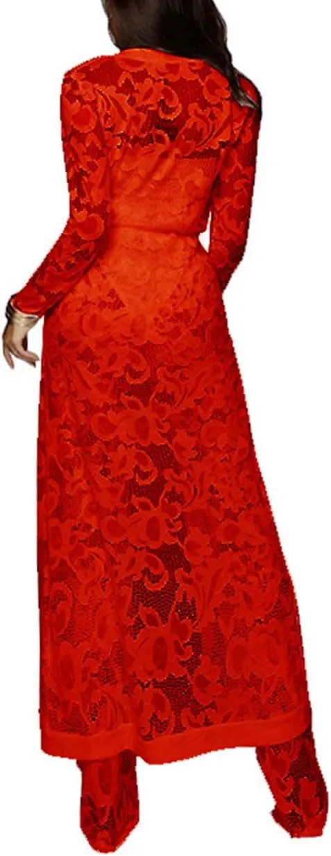xxxiticat Women's Sexy Lace Transparent See Through Wide Leg Pants Tube Top Long Coat Sets Suits