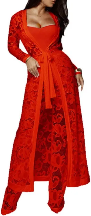 xxxiticat Women's Sexy Lace Transparent See Through Wide Leg Pants Tube Top Long Coat Sets Suits