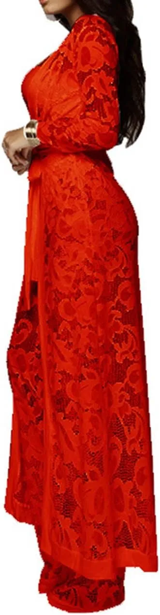 xxxiticat Women's Sexy Lace Transparent See Through Wide Leg Pants Tube Top Long Coat Sets Suits