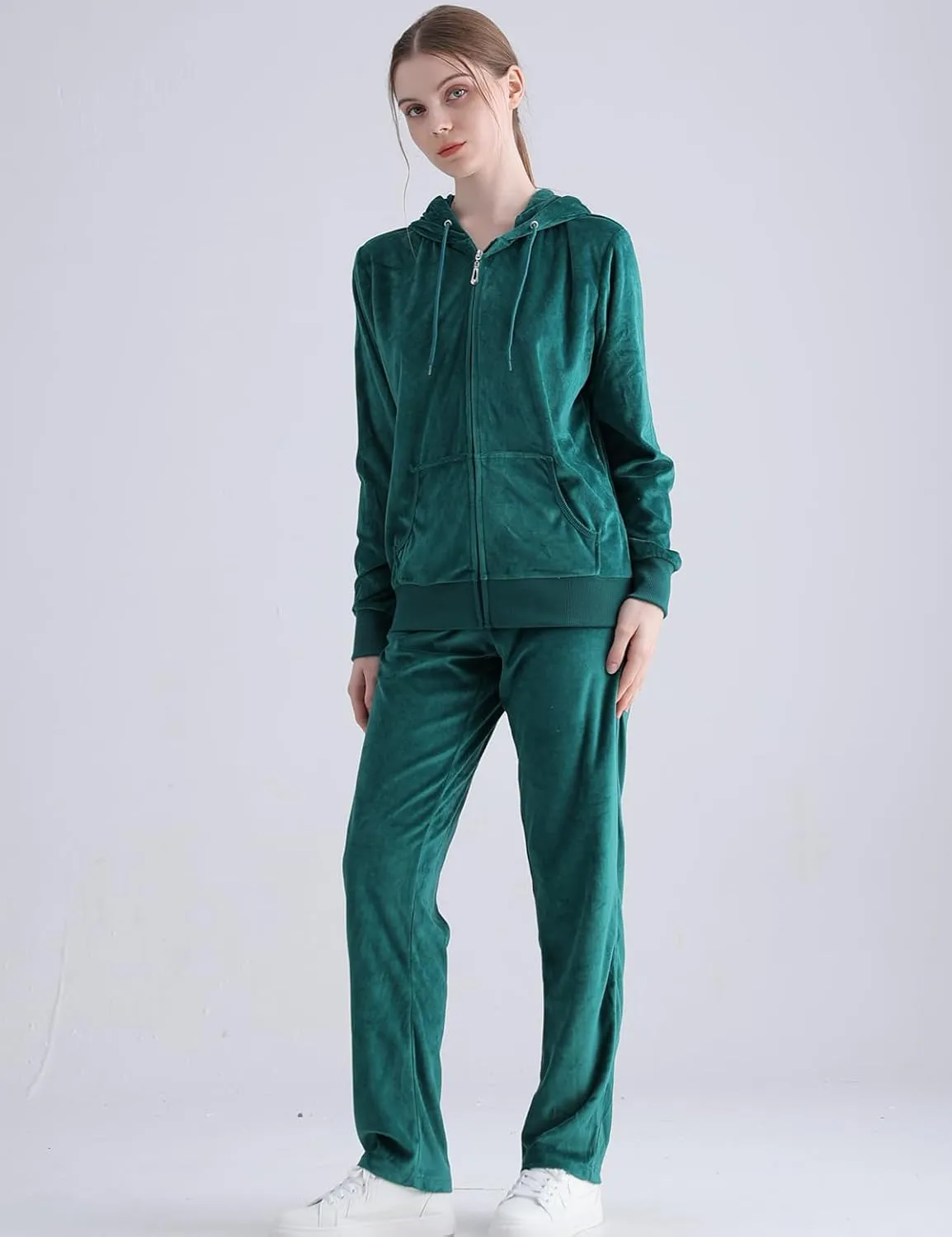 Yasumond Womens Velour Tracksuit 2 Piece Outfits Long Sleeve Zip Hooded Lounge Velvet Sweatshirt and Sweatpants Set