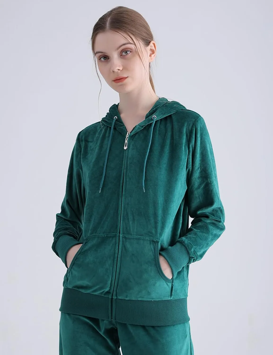 Yasumond Womens Velour Tracksuit 2 Piece Outfits Long Sleeve Zip Hooded Lounge Velvet Sweatshirt and Sweatpants Set