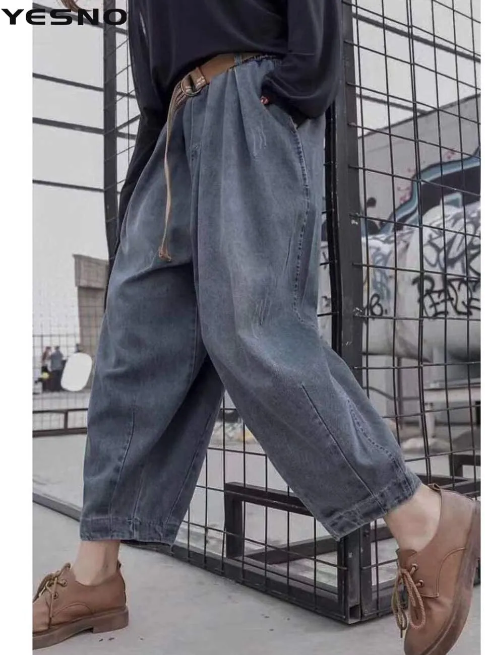 YESNO Women Casual Loose Cropped Trousers Pants Denim Bloomers Elastic Waist with Pockets PJD