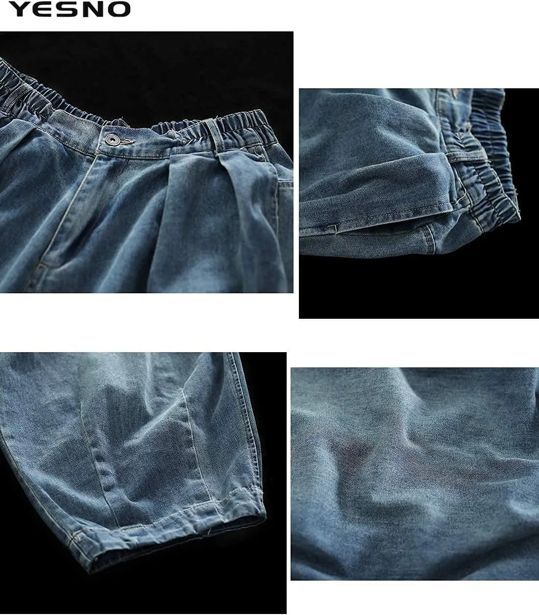YESNO Women Casual Loose Cropped Trousers Pants Denim Bloomers Elastic Waist with Pockets PJD