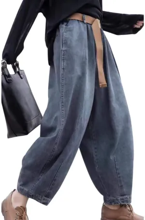 YESNO Women Casual Loose Cropped Trousers Pants Denim Bloomers Elastic Waist with Pockets PJD