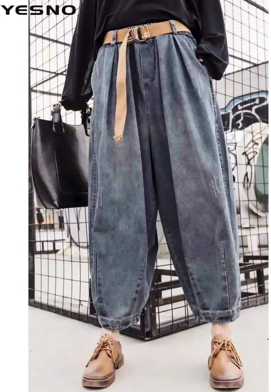 YESNO Women Casual Loose Cropped Trousers Pants Denim Bloomers Elastic Waist with Pockets PJD