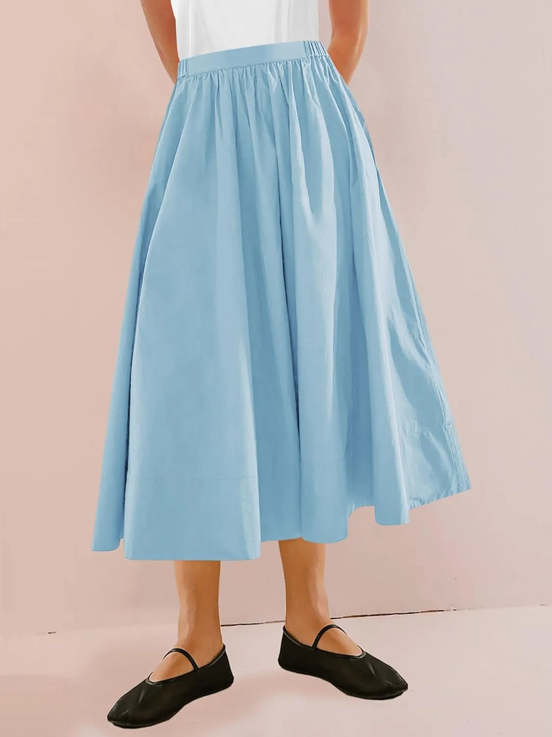 Yousify Womens A-Line Midi Skirts Casual Elastic High Waist Flowy Swing Pleated Beach Boho Long Skirt with Pocket
