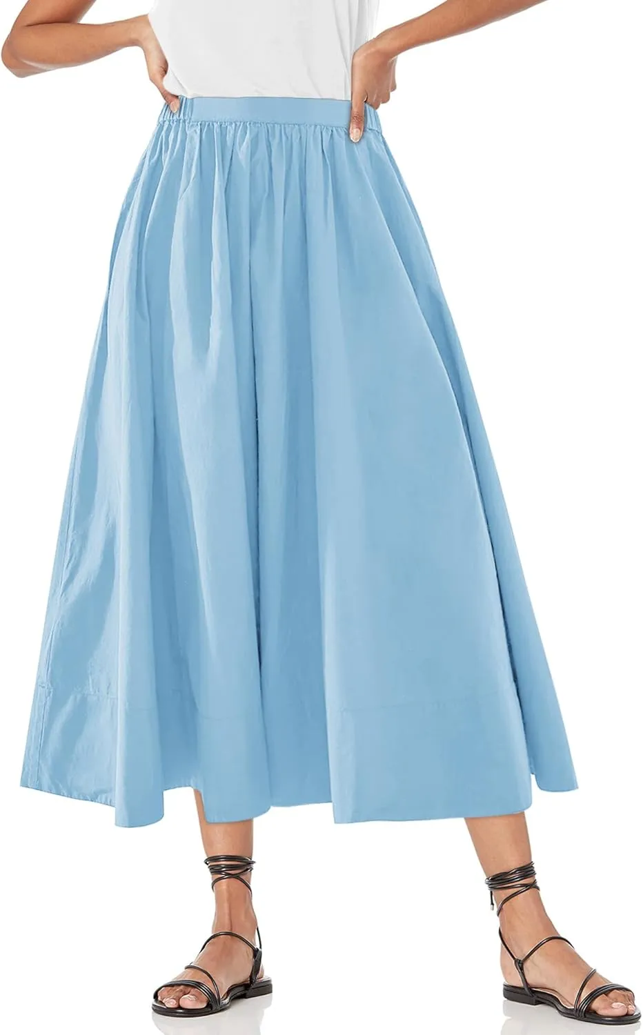 Yousify Womens A-Line Midi Skirts Casual Elastic High Waist Flowy Swing Pleated Beach Boho Long Skirt with Pocket