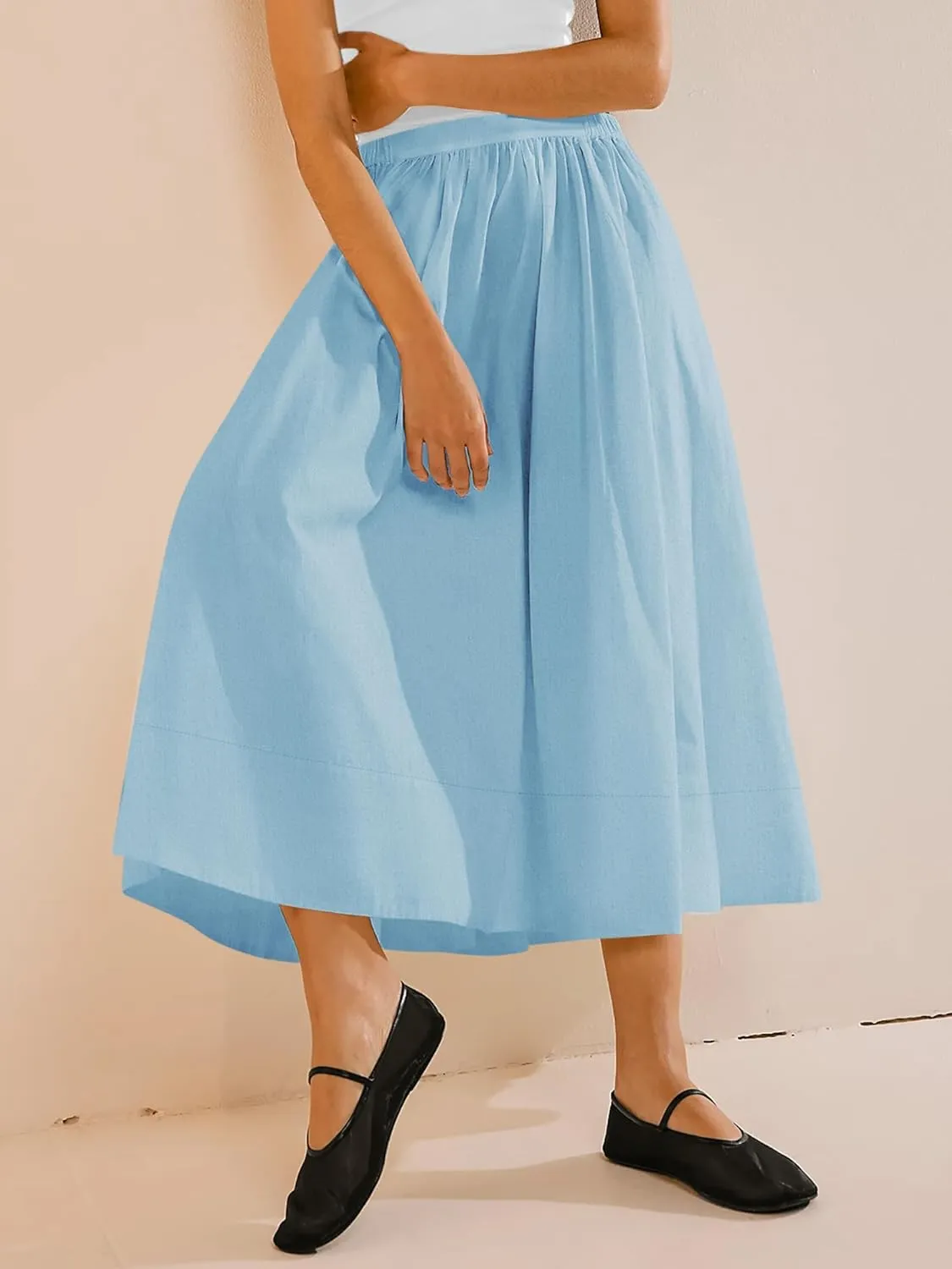 Yousify Womens A-Line Midi Skirts Casual Elastic High Waist Flowy Swing Pleated Beach Boho Long Skirt with Pocket