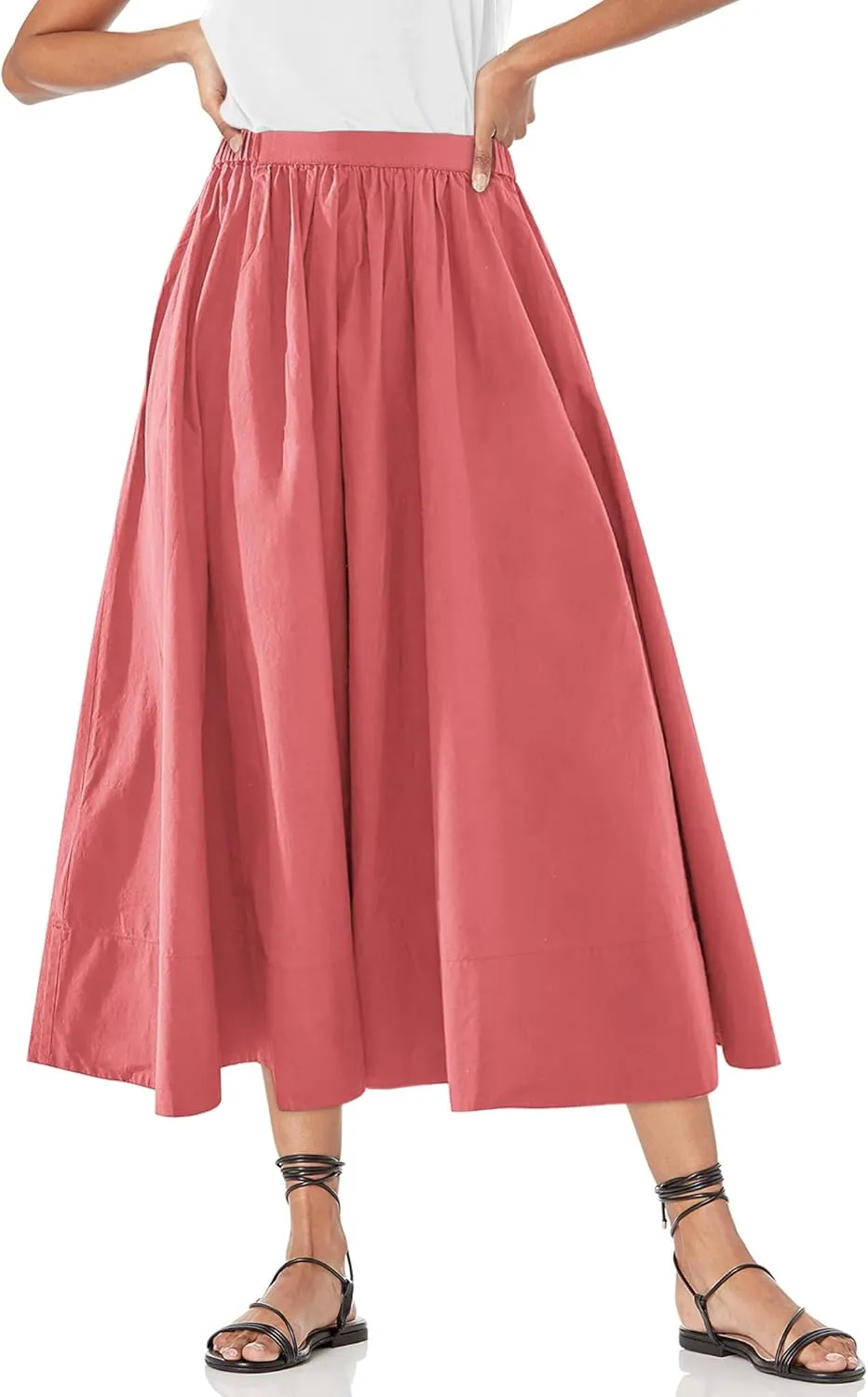 Yousify Womens A-Line Midi Skirts Casual Elastic High Waist Flowy Swing Pleated Beach Boho Long Skirt with Pocket