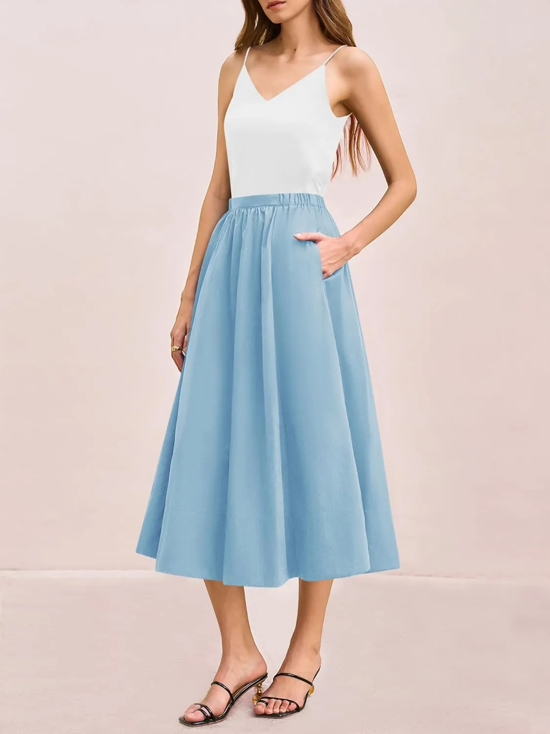 Yousify Womens A-Line Midi Skirts Casual Elastic High Waist Flowy Swing Pleated Beach Boho Long Skirt with Pocket