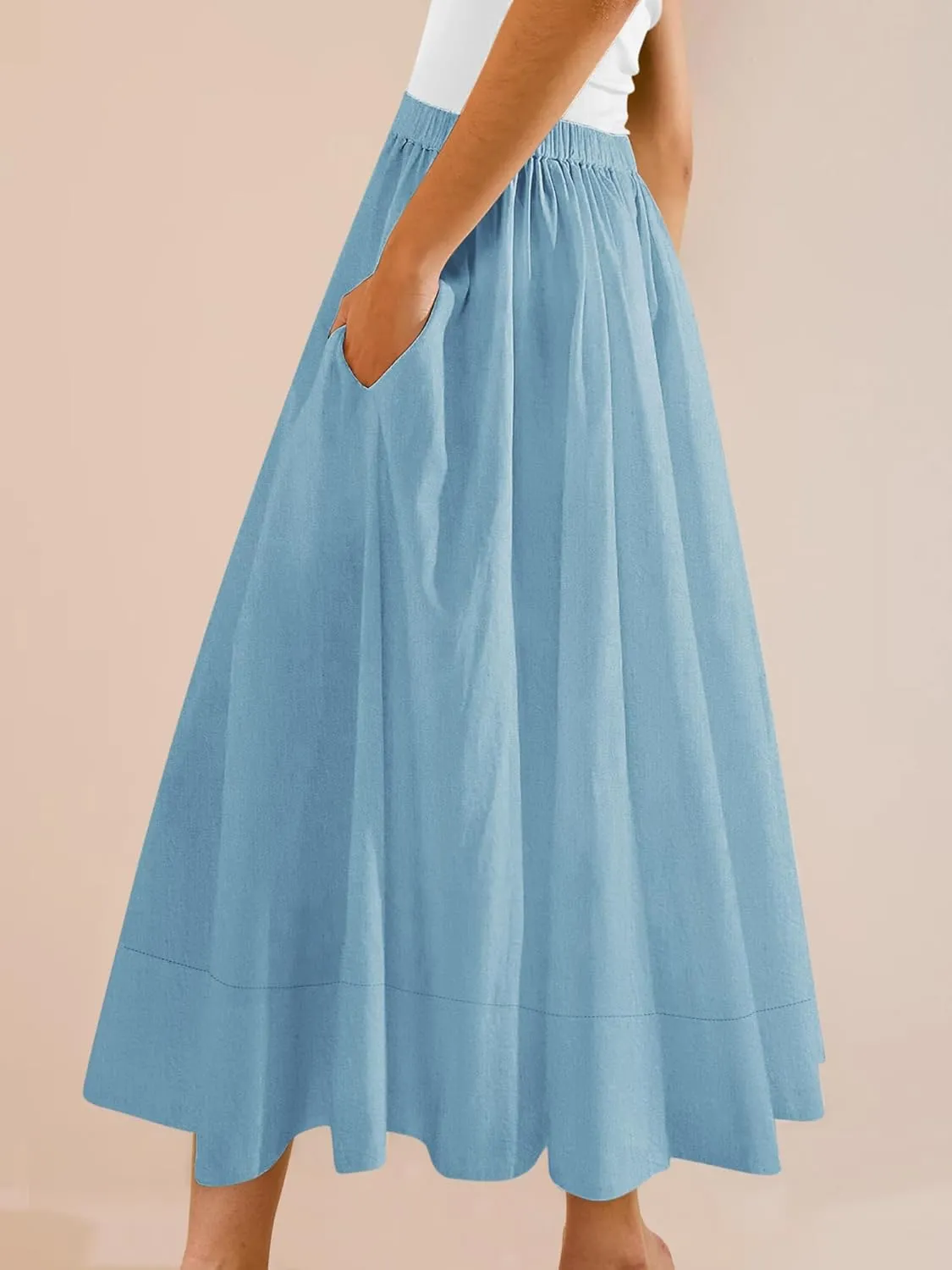 Yousify Womens A-Line Midi Skirts Casual Elastic High Waist Flowy Swing Pleated Beach Boho Long Skirt with Pocket
