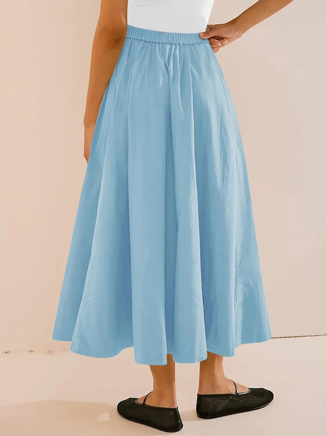 Yousify Womens A-Line Midi Skirts Casual Elastic High Waist Flowy Swing Pleated Beach Boho Long Skirt with Pocket