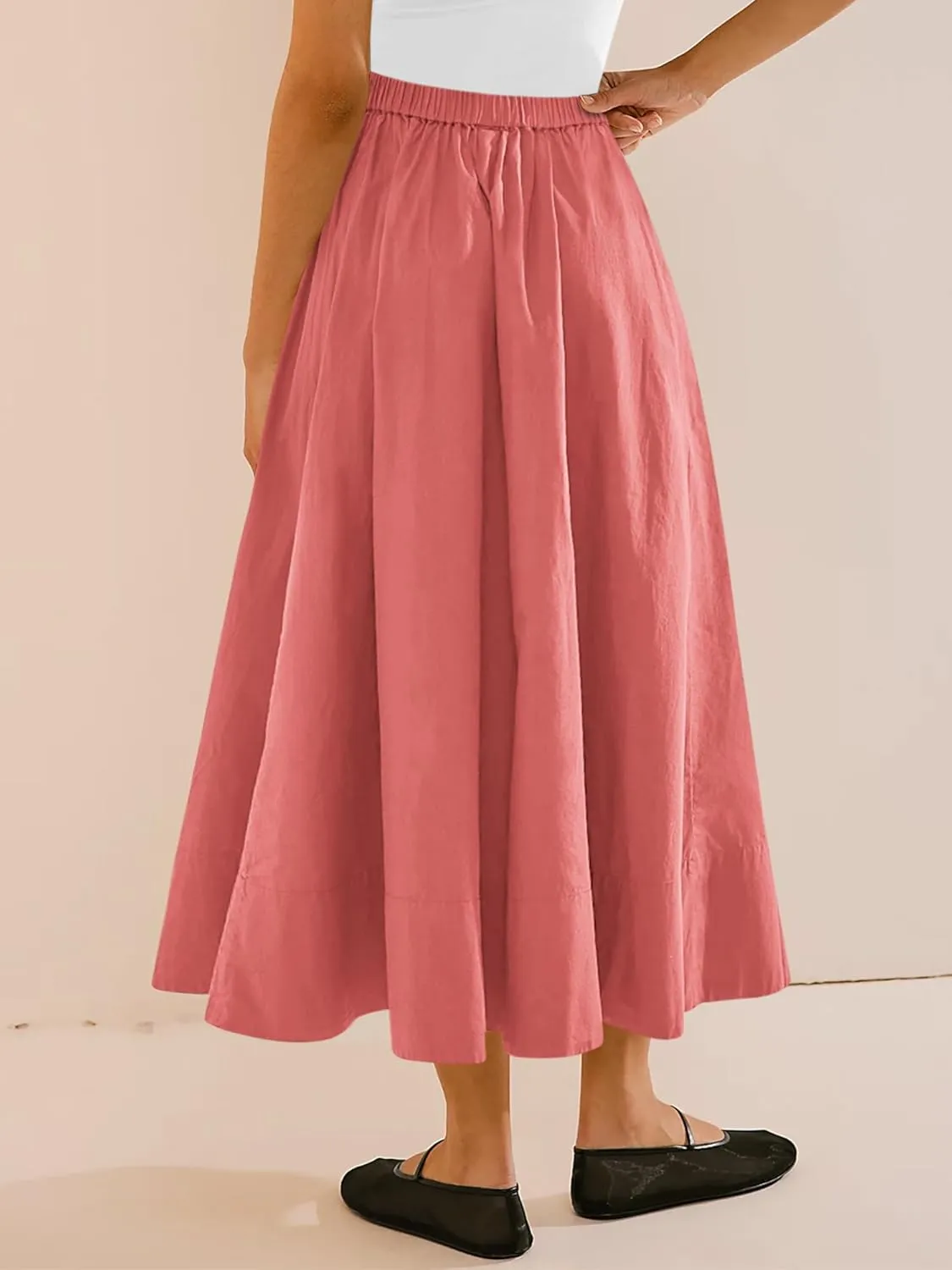 Yousify Womens A-Line Midi Skirts Casual Elastic High Waist Flowy Swing Pleated Beach Boho Long Skirt with Pocket