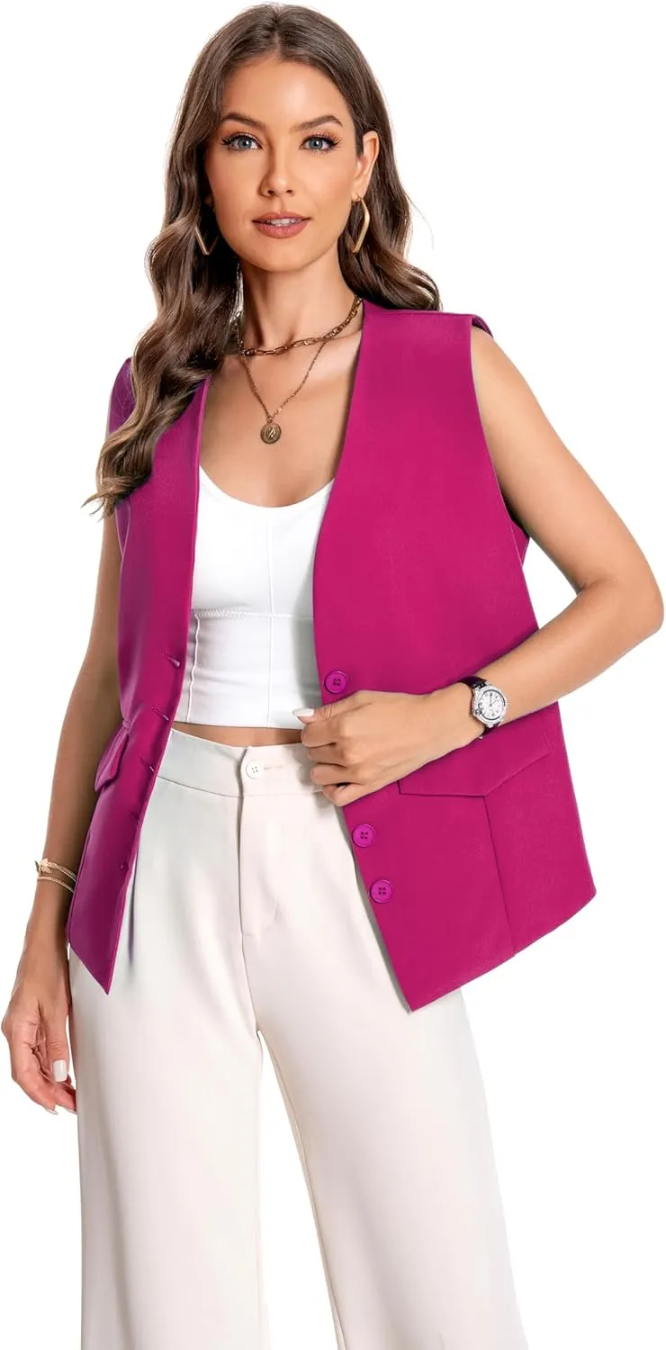 YYNUDA Women's Vest One Front Solid V Neck Casual Lightweight Sleeveless Blazer Waistcoat with Pockets