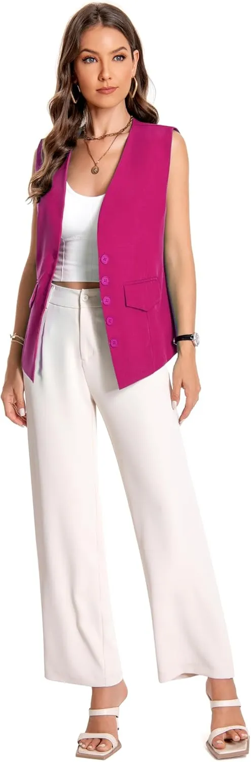 YYNUDA Women's Vest One Front Solid V Neck Casual Lightweight Sleeveless Blazer Waistcoat with Pockets