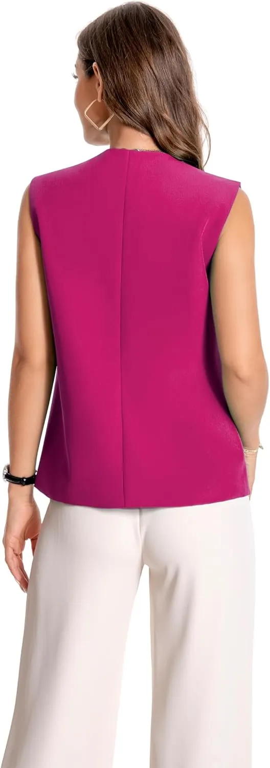 YYNUDA Women's Vest One Front Solid V Neck Casual Lightweight Sleeveless Blazer Waistcoat with Pockets