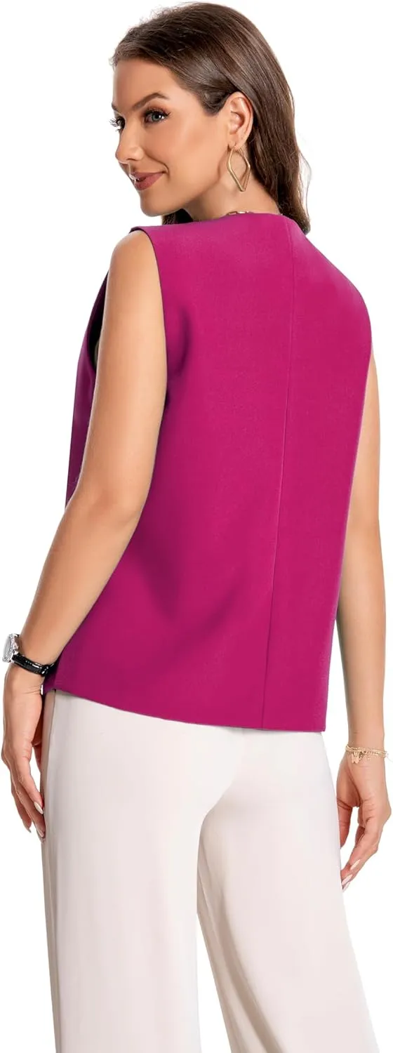 YYNUDA Women's Vest One Front Solid V Neck Casual Lightweight Sleeveless Blazer Waistcoat with Pockets