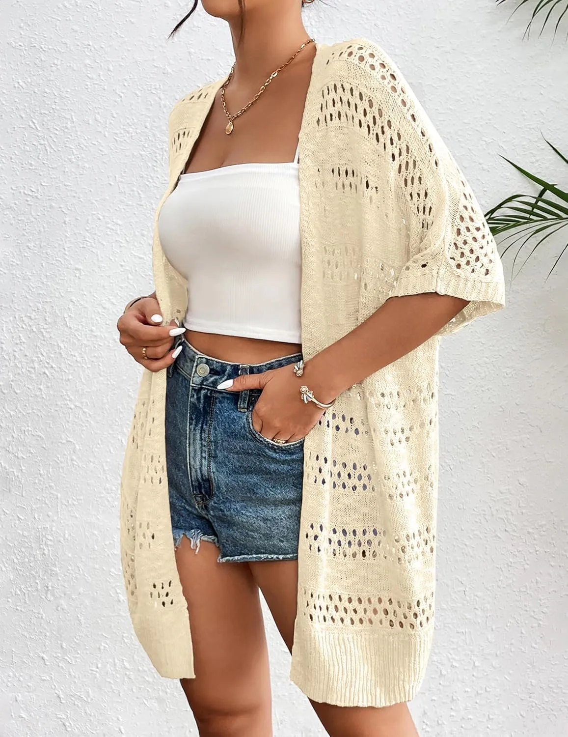 Zeagoo Lightweight Summer Crochet Cardigan for Women Short Sleeve Kimono Boho Oversized Open Front Knitted Cardigan