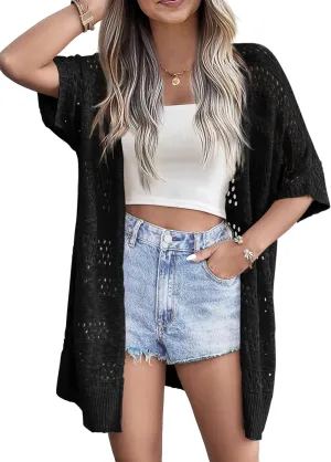 Zeagoo Lightweight Summer Crochet Cardigan for Women Short Sleeve Kimono Boho Oversized Open Front Knitted Cardigan