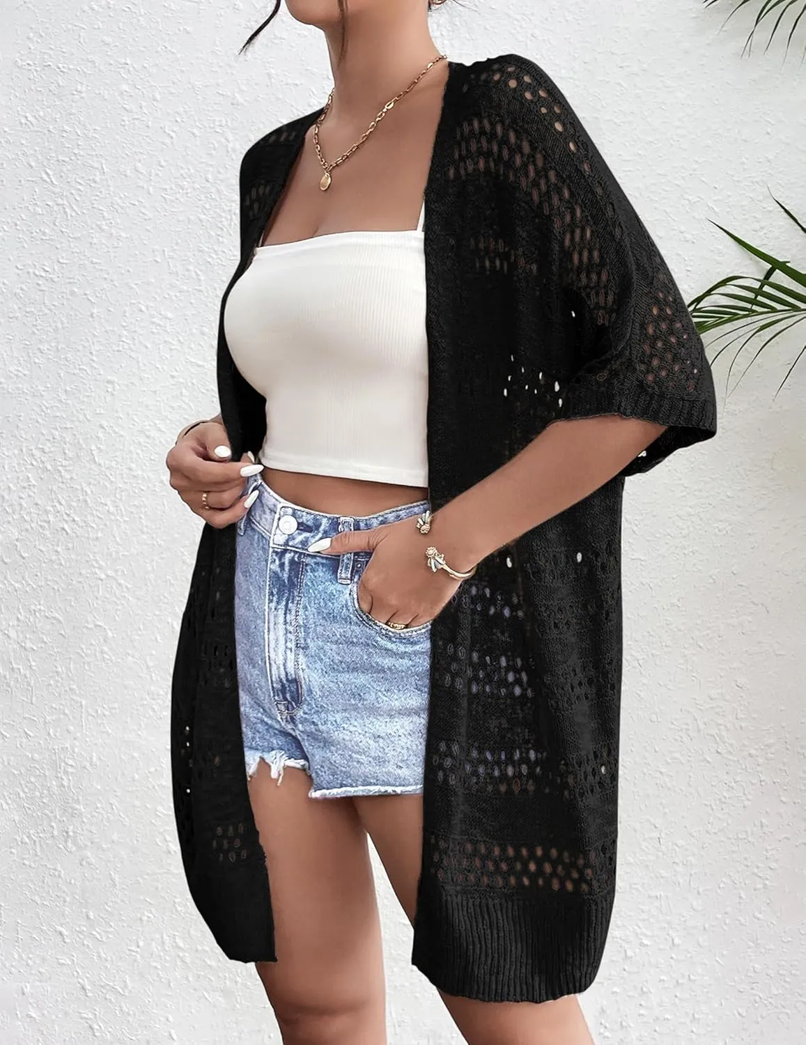 Zeagoo Lightweight Summer Crochet Cardigan for Women Short Sleeve Kimono Boho Oversized Open Front Knitted Cardigan