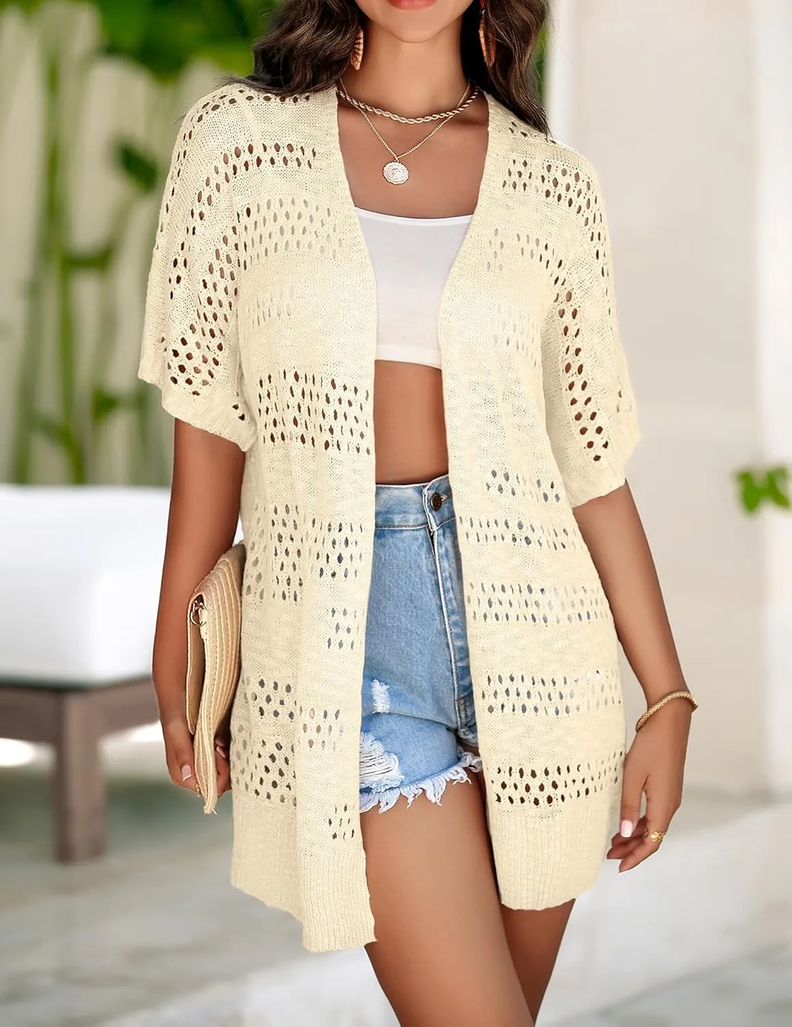 Zeagoo Lightweight Summer Crochet Cardigan for Women Short Sleeve Kimono Boho Oversized Open Front Knitted Cardigan