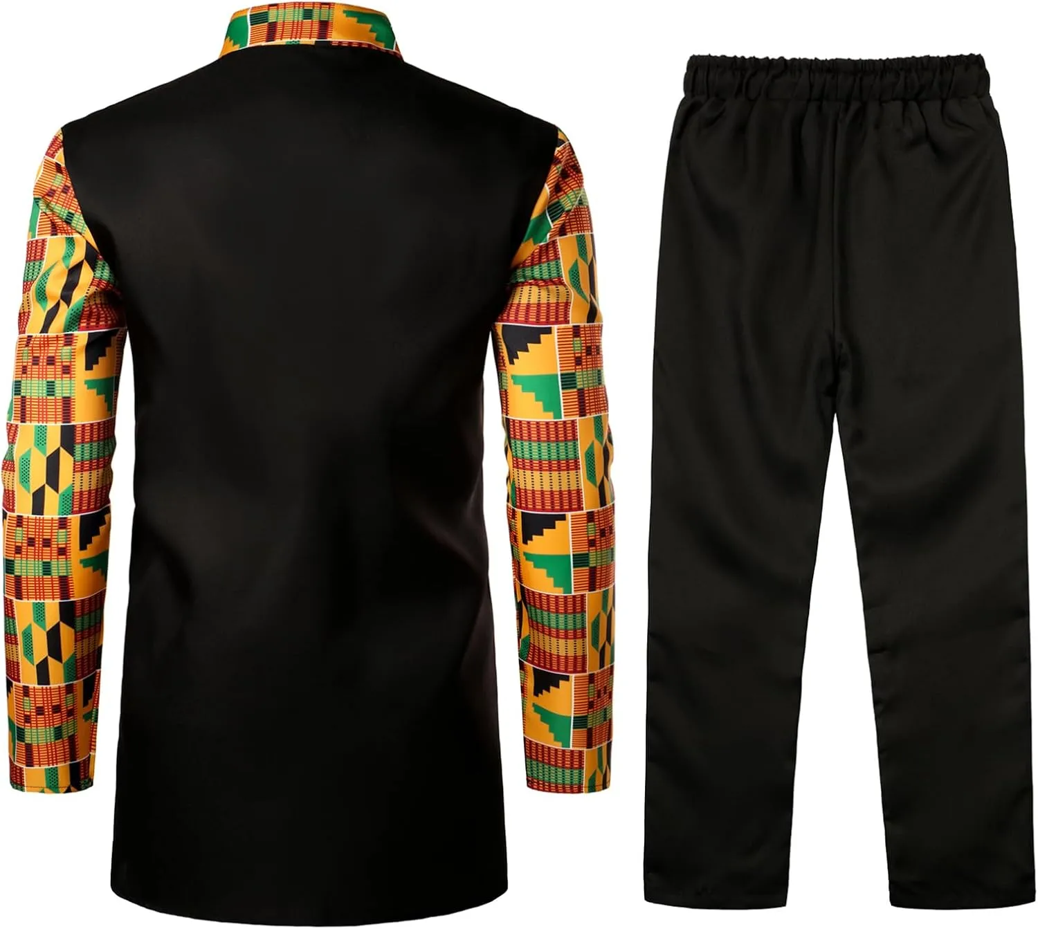 ZEROYAA Men's Kente Print Suit Long Sleeve Button up African Dashiki Shirt and Pants Ethnic 2 Piece Outfit