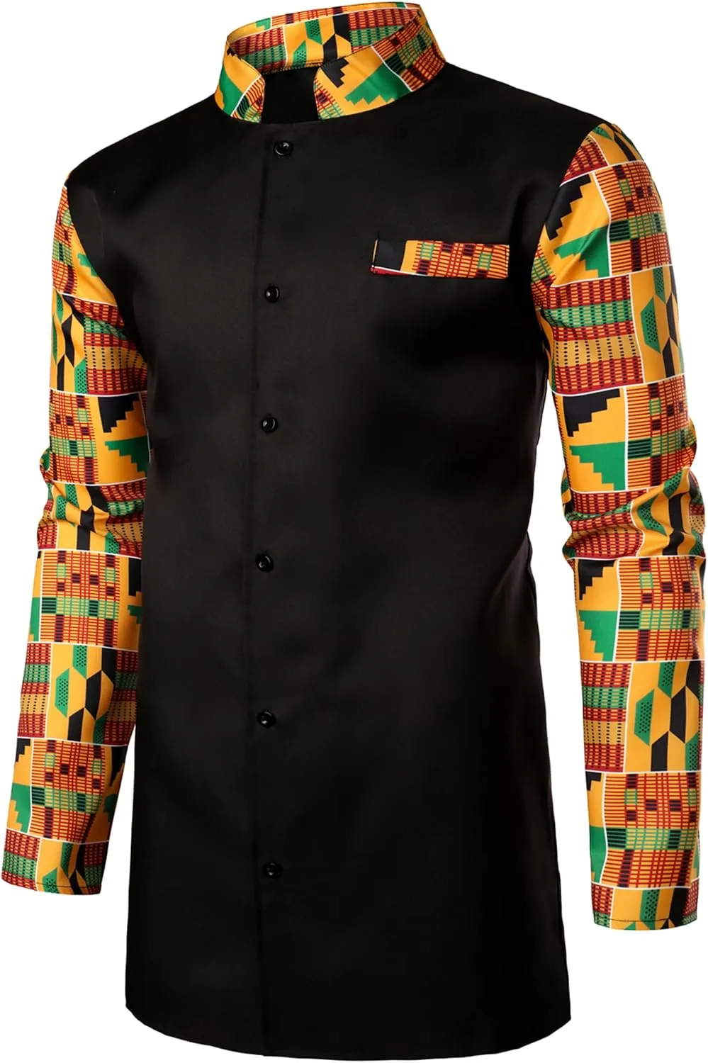 ZEROYAA Men's Kente Print Suit Long Sleeve Button up African Dashiki Shirt and Pants Ethnic 2 Piece Outfit